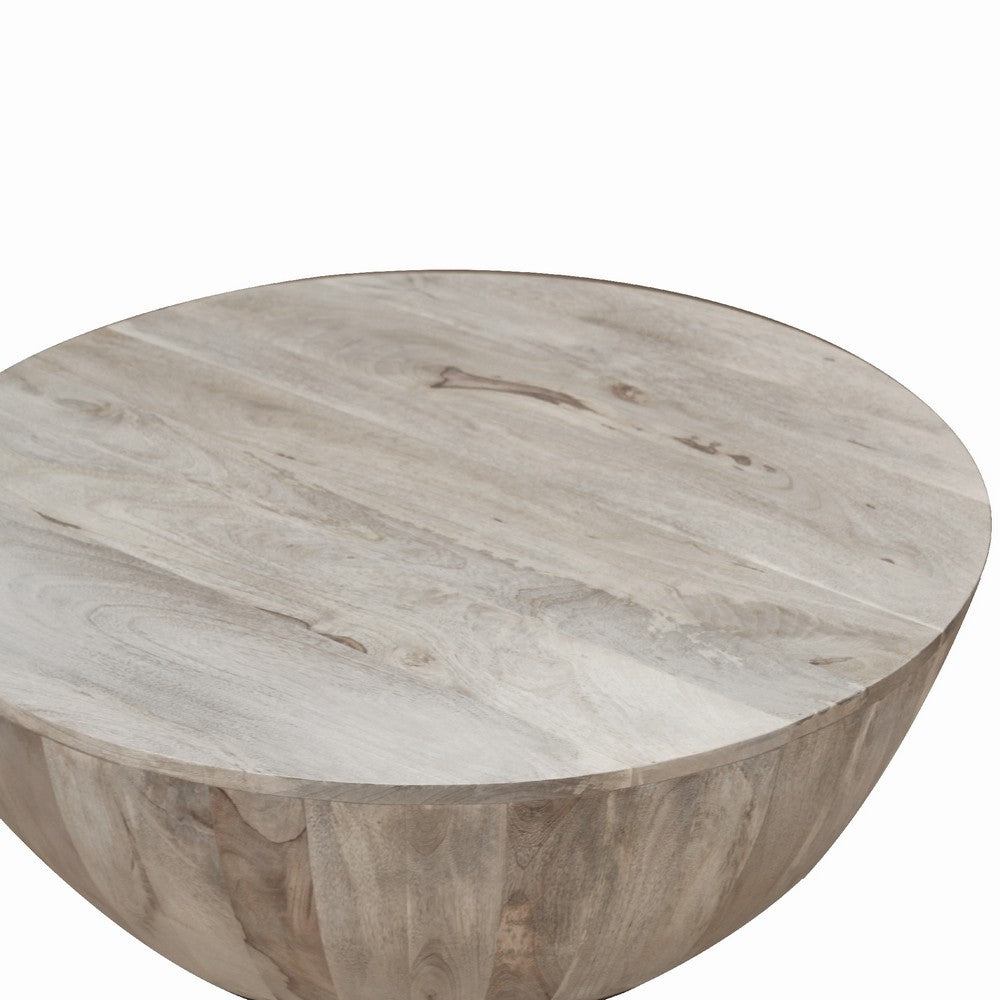 Arthur 35.5 Inch Round Mango Wood Coffee Table Subtle Grains Distressed White By the Urban Port UPT-32181