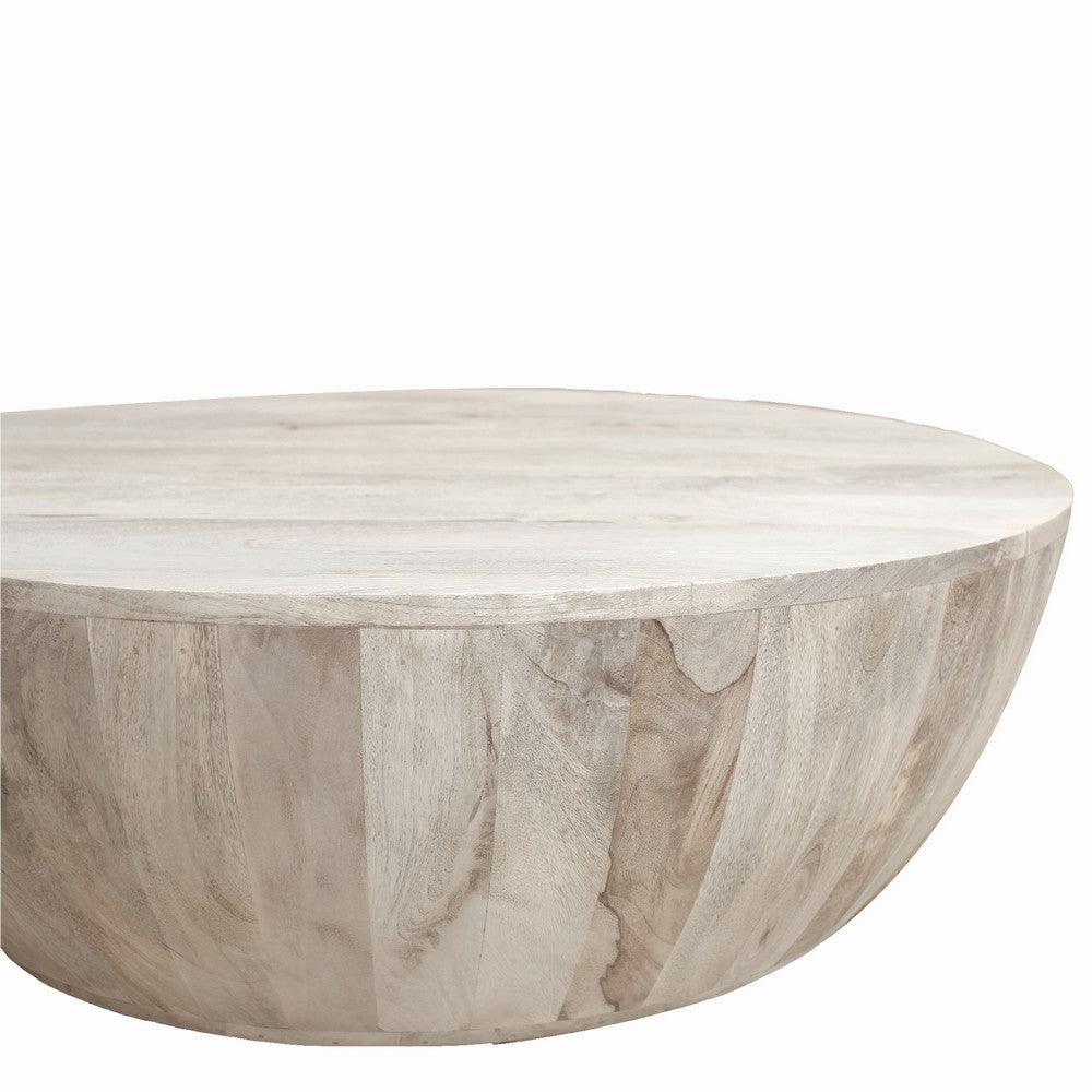 Arthur 35.5 Inch Round Mango Wood Coffee Table Subtle Grains Distressed White By the Urban Port UPT-32181