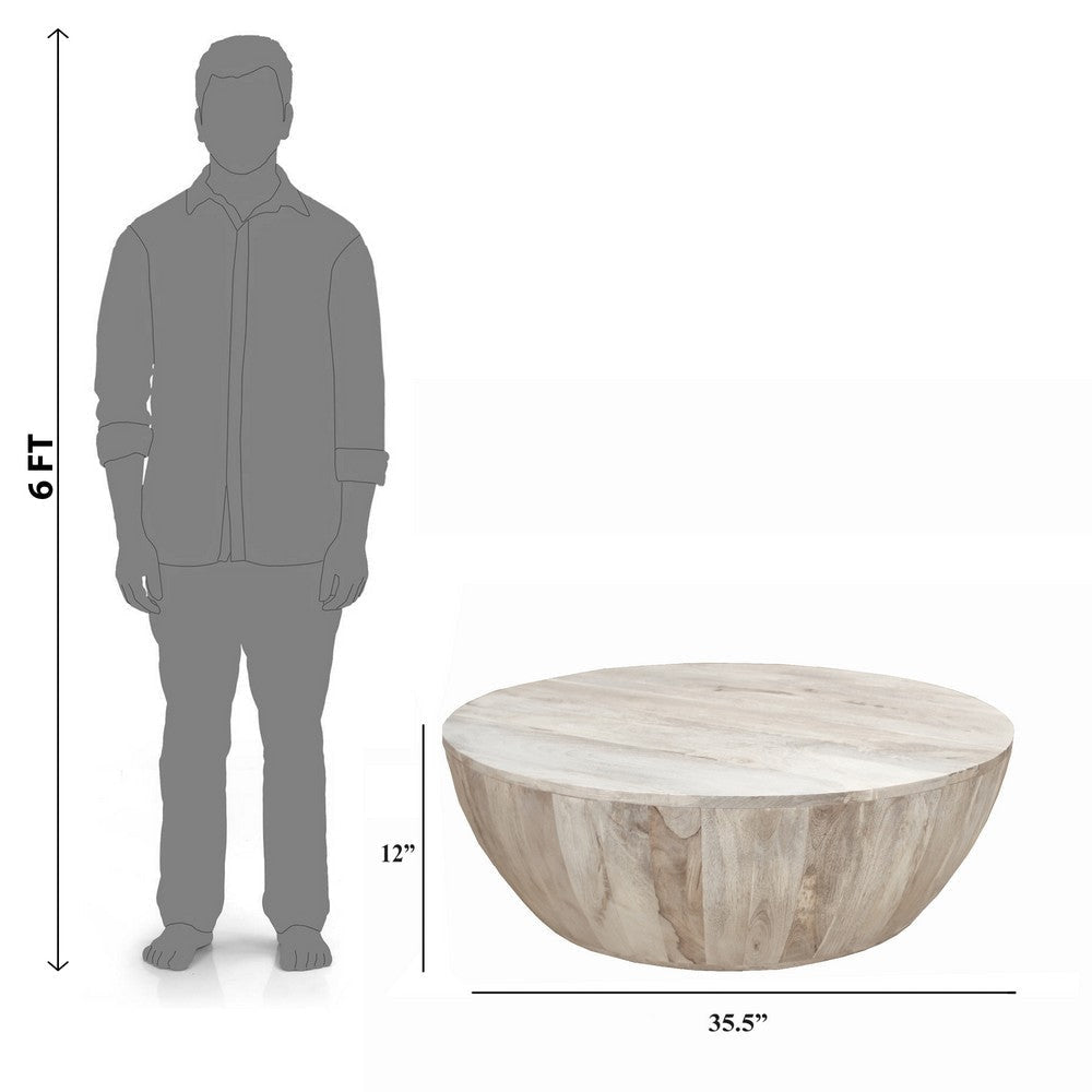 Arthur 35.5 Inch Round Mango Wood Coffee Table Subtle Grains Distressed White By the Urban Port UPT-32181