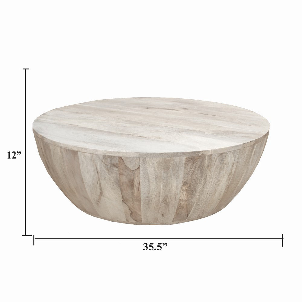 Arthur 35.5 Inch Round Mango Wood Coffee Table Subtle Grains Distressed White By the Urban Port UPT-32181