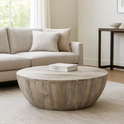 Arthur 35.5 Inch Round Mango Wood Coffee Table, Subtle Grains, Distressed White By the Urban Port
