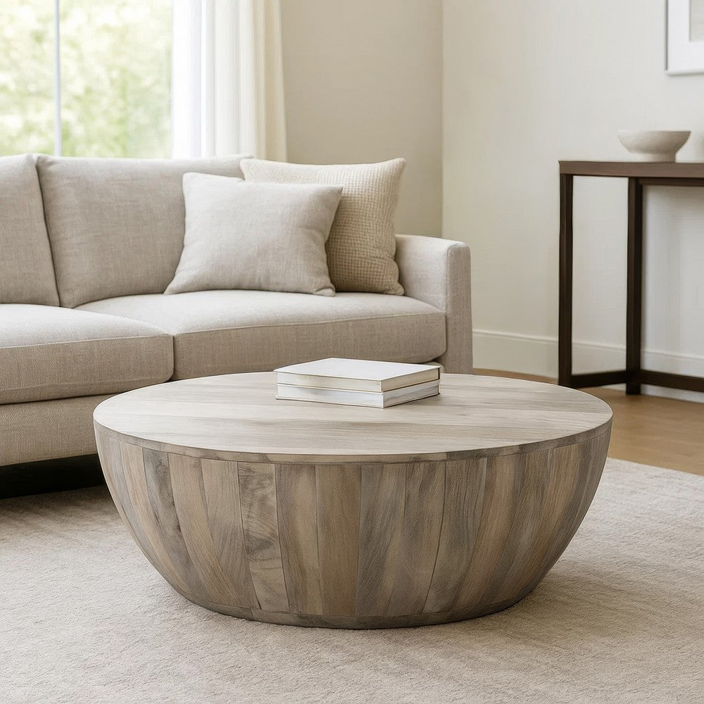 Arthur 35.5 Inch Round Mango Wood Coffee Table, Subtle Grains, Distressed White By the Urban Port