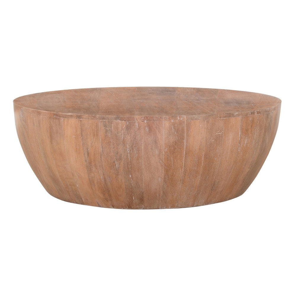 Arthur Drum Shape Wooden Coffee Table with Plank Design Base Distressed Brown The Urban Port UPT-32182