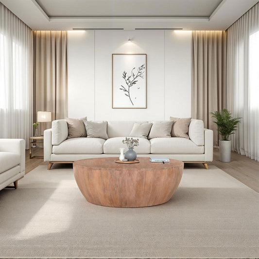 Arthur Drum Shape Wooden Coffee Table with Plank Design Base, Distressed Brown The Urban Port