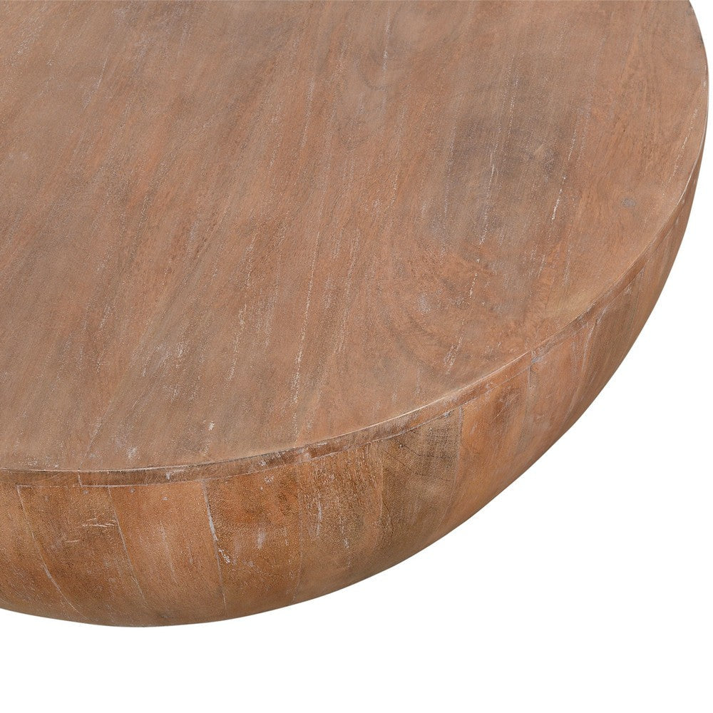 Arthur Drum Shape Wooden Coffee Table with Plank Design Base Distressed Brown The Urban Port UPT-32182