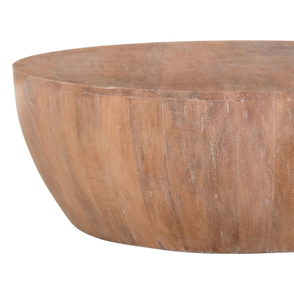 Arthur Drum Shape Wooden Coffee Table with Plank Design Base Distressed Brown The Urban Port UPT-32182