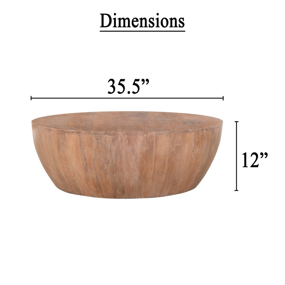 Arthur Drum Shape Wooden Coffee Table with Plank Design Base Distressed Brown The Urban Port UPT-32182