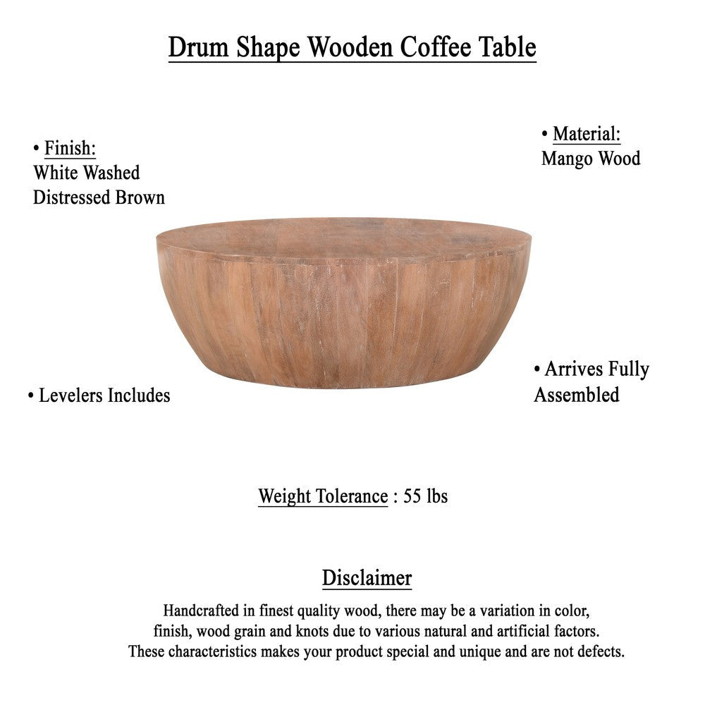 Arthur Drum Shape Wooden Coffee Table with Plank Design Base Distressed Brown The Urban Port UPT-32182