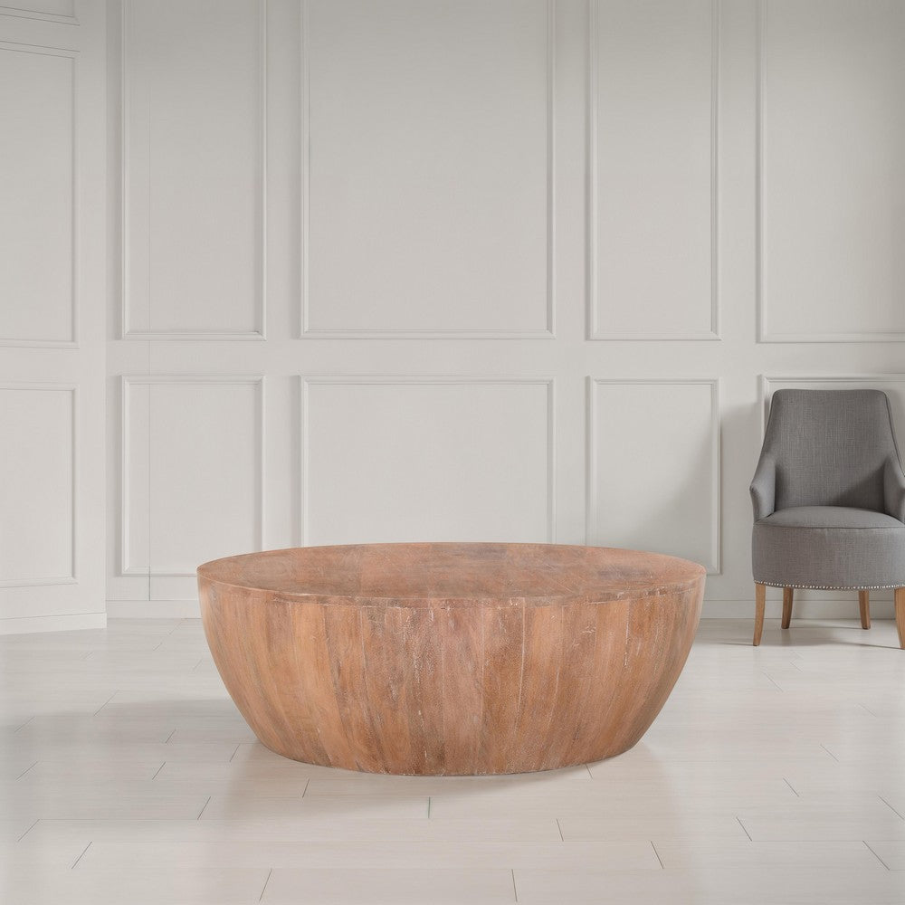 Arthur Drum Shape Wooden Coffee Table with Plank Design Base Distressed Brown The Urban Port UPT-32182