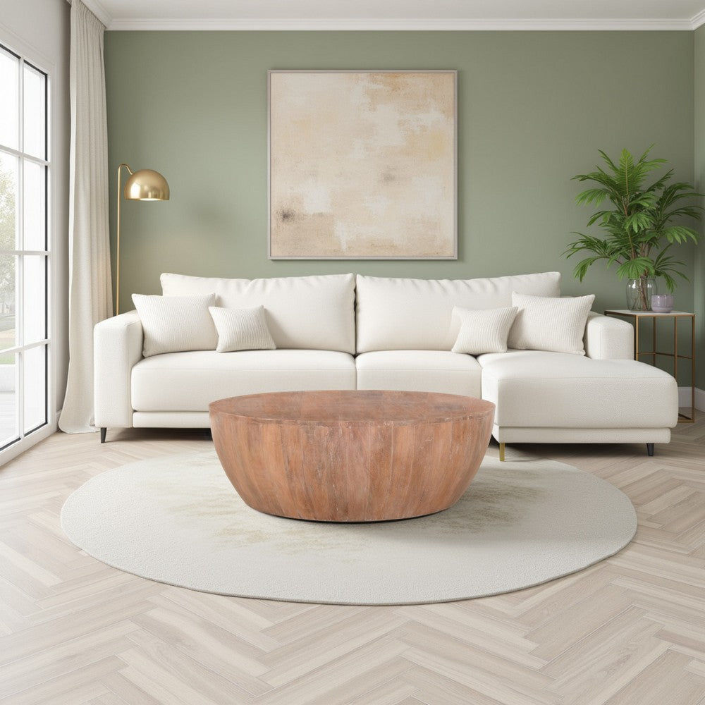 Arthur Drum Shape Wooden Coffee Table with Plank Design Base Distressed Brown The Urban Port UPT-32182