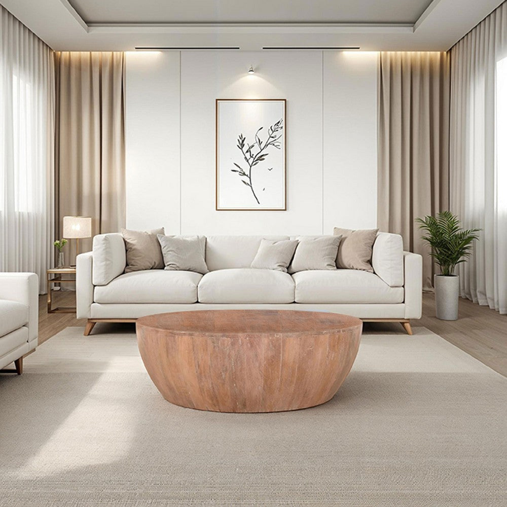 Arthur Drum Shape Wooden Coffee Table with Plank Design Base Distressed Brown The Urban Port UPT-32182