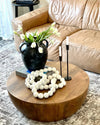 Arthur Drum Shape Wooden Coffee Table with Plank Design Base, Distressed Brown The Urban Port
