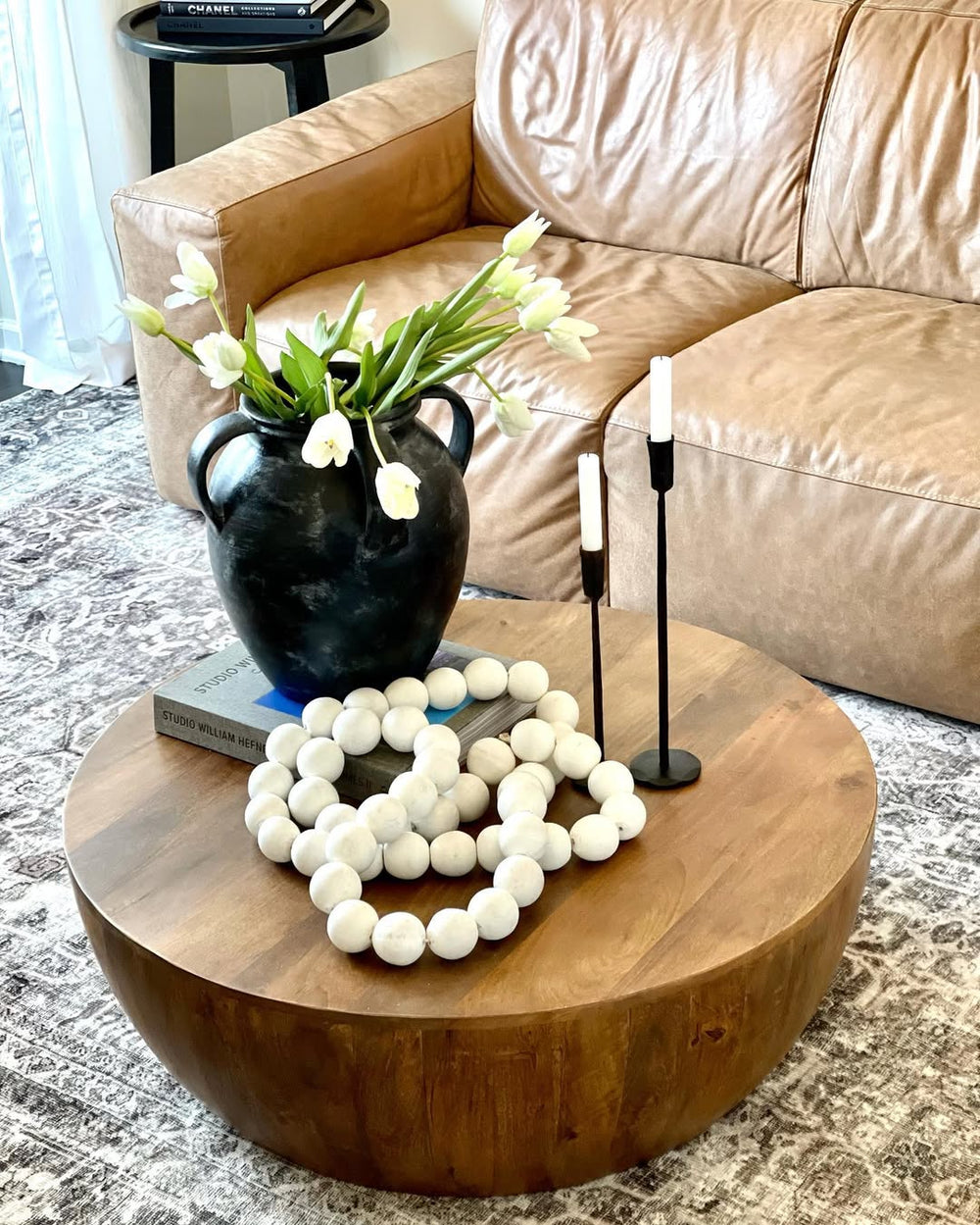 Arthur Drum Shape Wooden Coffee Table with Plank Design Base, Distressed Brown The Urban Port