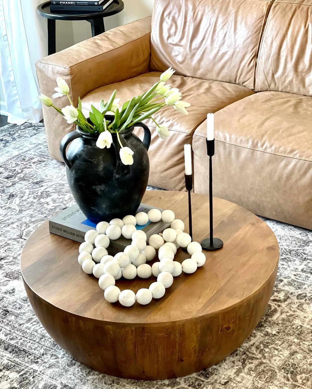 Arthur Drum Shape Wooden Coffee Table with Plank Design Base, Distressed Brown The Urban Port