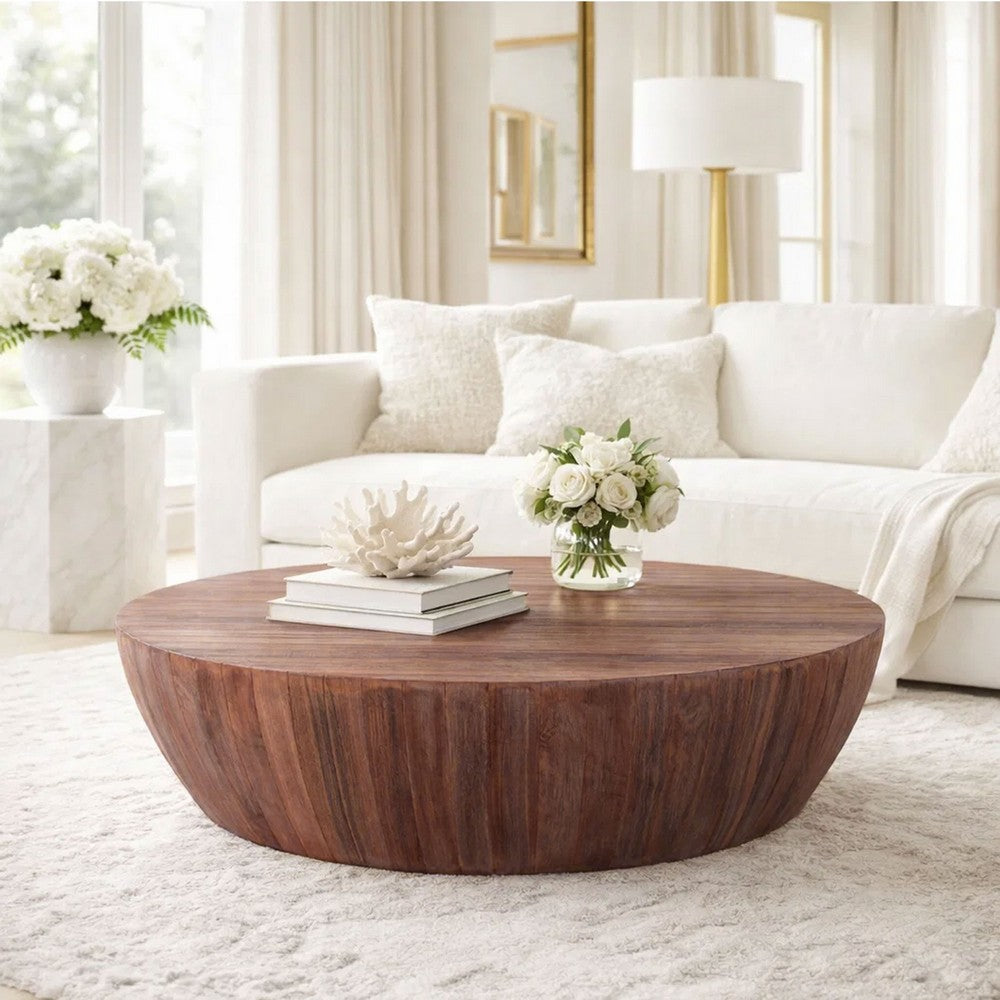 Arthur Handcarved 48 Inch Drum Shape Round Top Mango Wood Distressed Wooden Coffee Table, Brown By The Urban Port