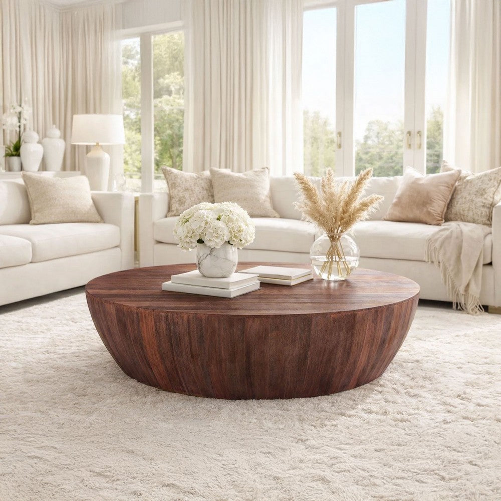 Arthur Handcarved 48 Inch Drum Shape Round Top Mango Wood Distressed Wooden Coffee Table, Brown By The Urban Port