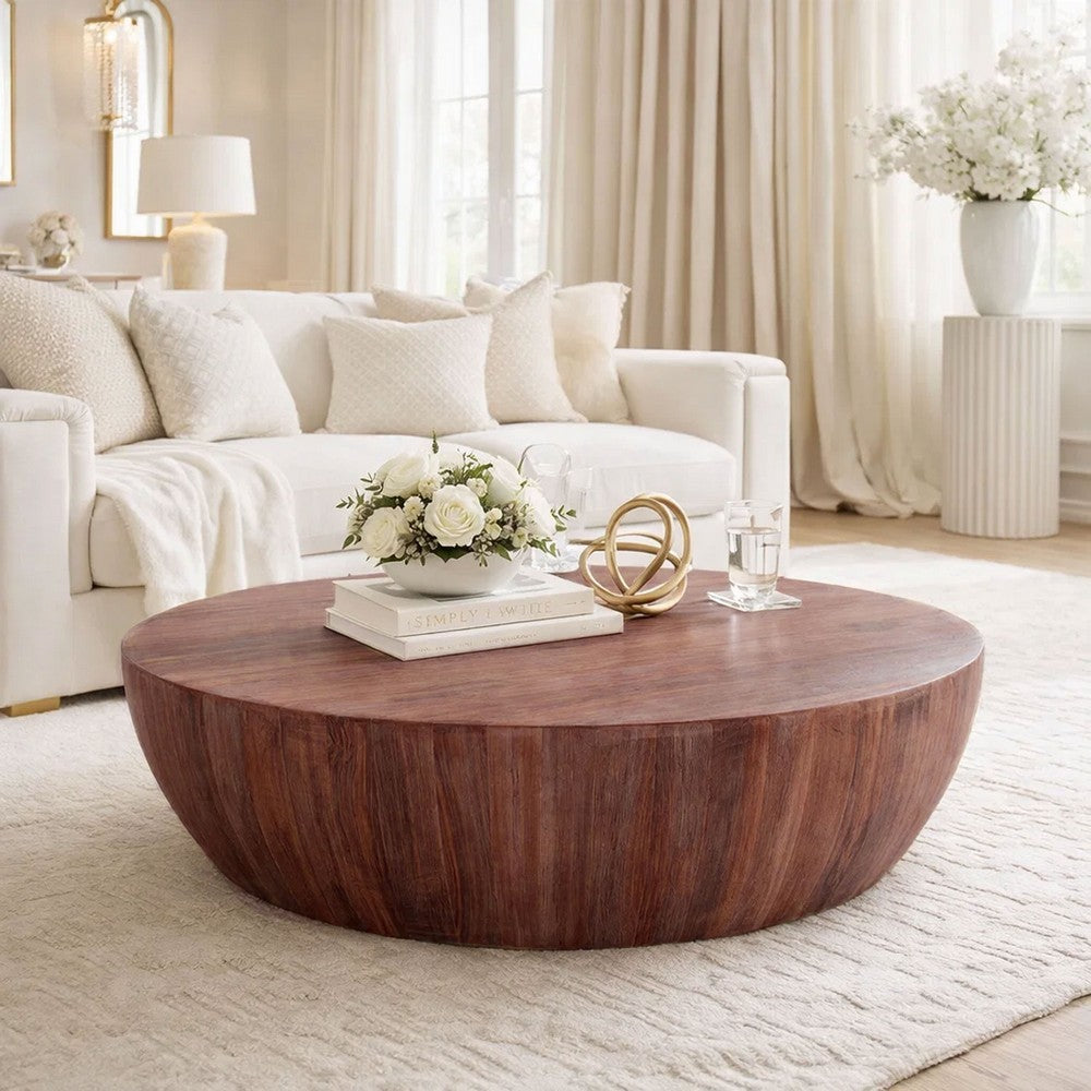 Arthur Handcarved 48 Inch Drum Shape Round Top Mango Wood Distressed Wooden Coffee Table, Brown By The Urban Port