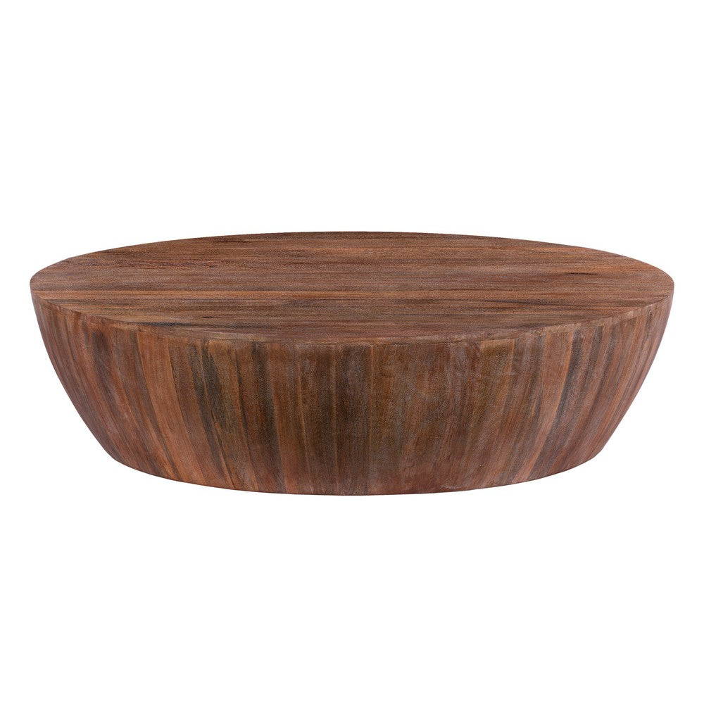Arthur Handcarved 48 Inch Drum Shape Round Top Mango Wood Distressed Wooden Coffee Table, Brown By The Urban Port