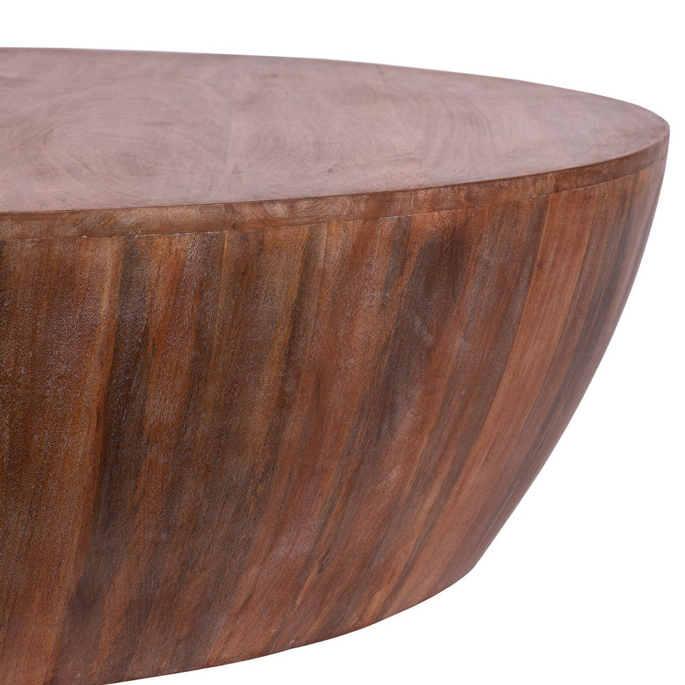 Arthur Handcarved 48 Inch Drum Shape Round Top Mango Wood Distressed Wooden Coffee Table, Brown By The Urban Port