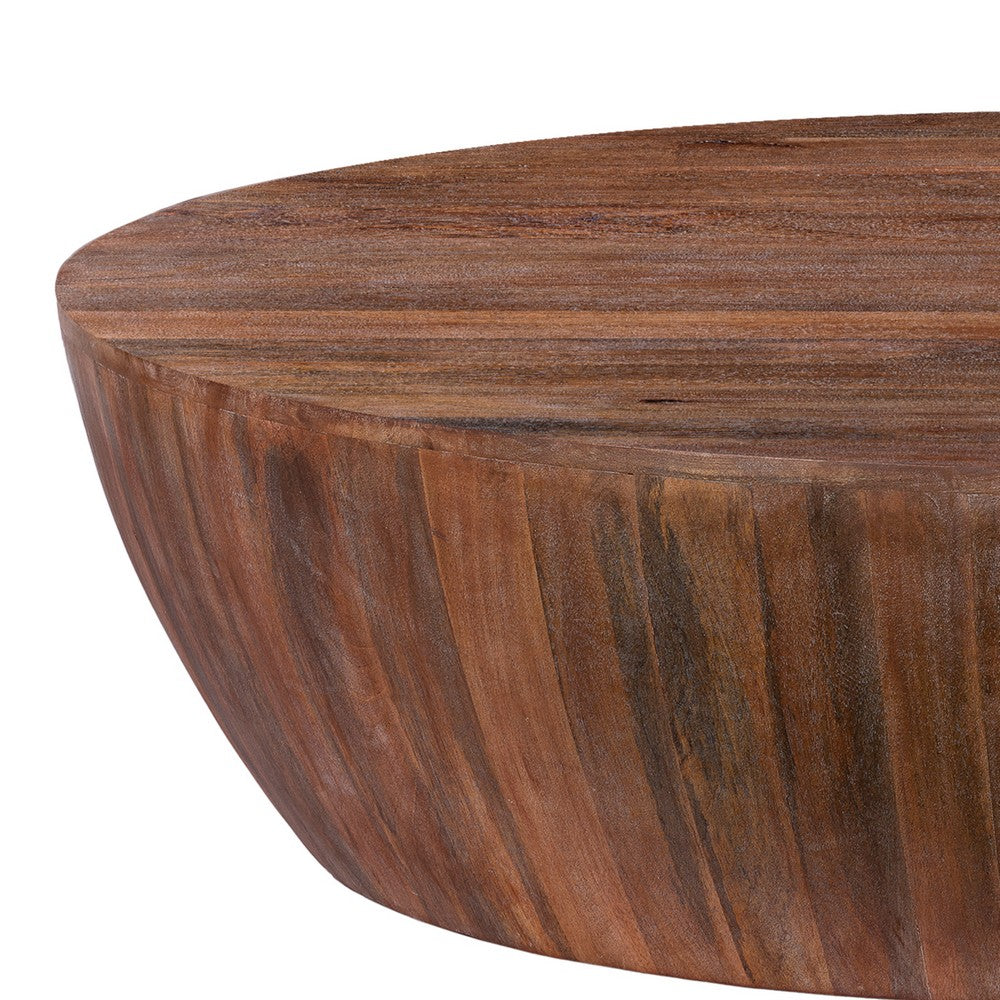 Arthur Handcarved 48 Inch Drum Shape Round Top Mango Wood Distressed Wooden Coffee Table, Brown By The Urban Port