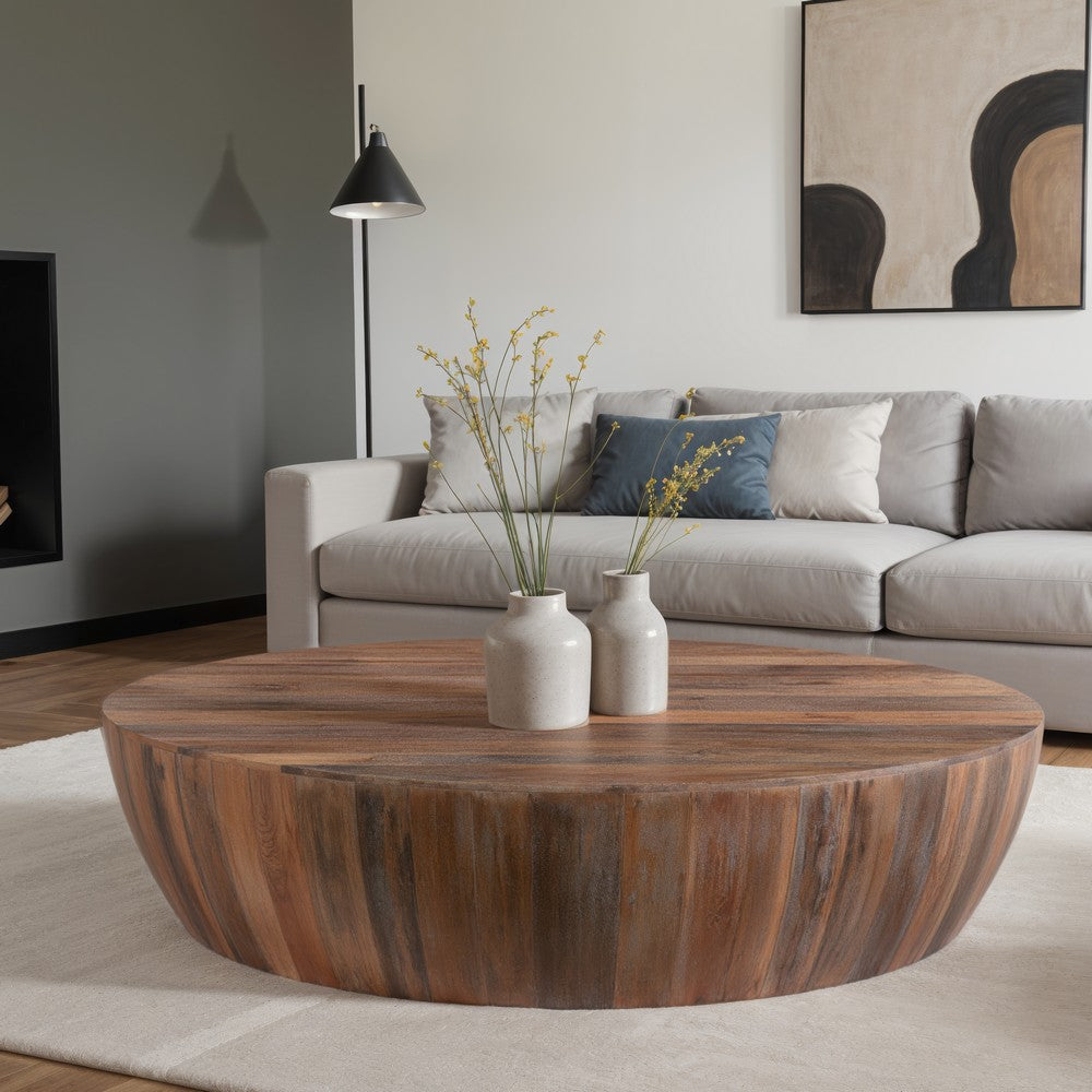 Arthur Handcarved 48 Inch Drum Shape Round Top Mango Wood Distressed Wooden Coffee Table, Brown By The Urban Port