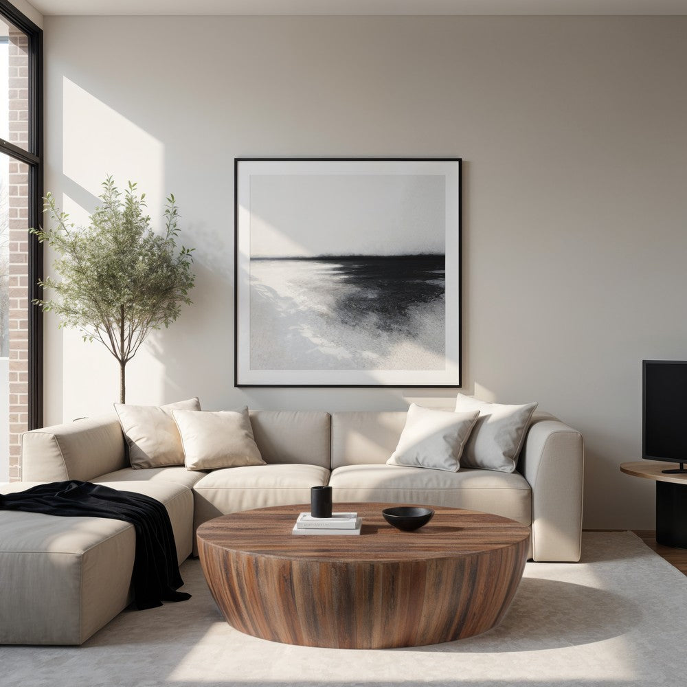 Arthur Handcarved 48 Inch Drum Shape Round Top Mango Wood Distressed Wooden Coffee Table, Brown By The Urban Port