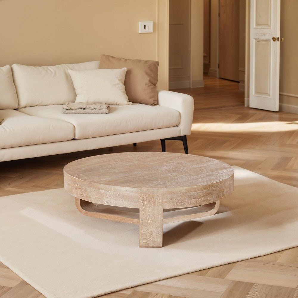 Milan Coffee Table, 32 Inch Round Top, Mango Wood with Sandblasted Natural Brown, Open Sled Base By The Urban Port