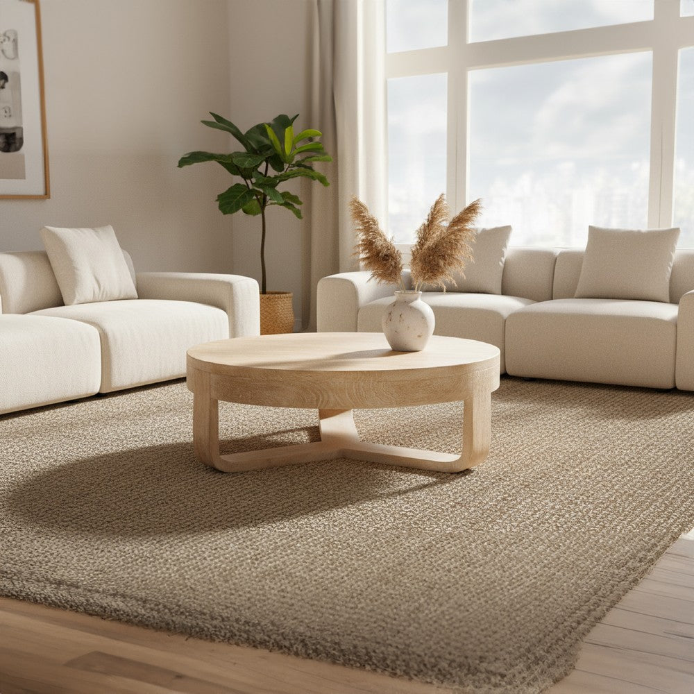 Milan Coffee Table, 32 Inch Round Top, Mango Wood with Sandblasted Natural Brown, Open Sled Base By The Urban Port