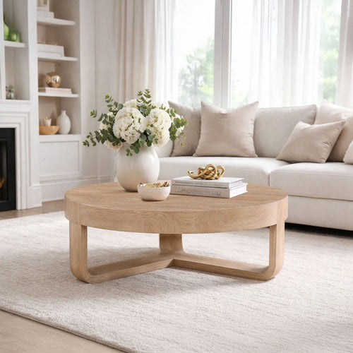 Milan Coffee Table, 32 Inch Round Top, Mango Wood with Sandblasted Natural Brown, Open Sled Base By The Urban Port