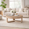 Milan Coffee Table, 32 Inch Round Top, Mango Wood with Sandblasted Natural Brown, Open Sled Base By The Urban Port