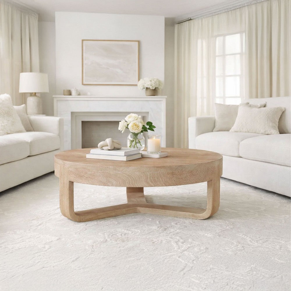 Milan Coffee Table, 32 Inch Round Top, Mango Wood with Sandblasted Natural Brown, Open Sled Base By The Urban Port
