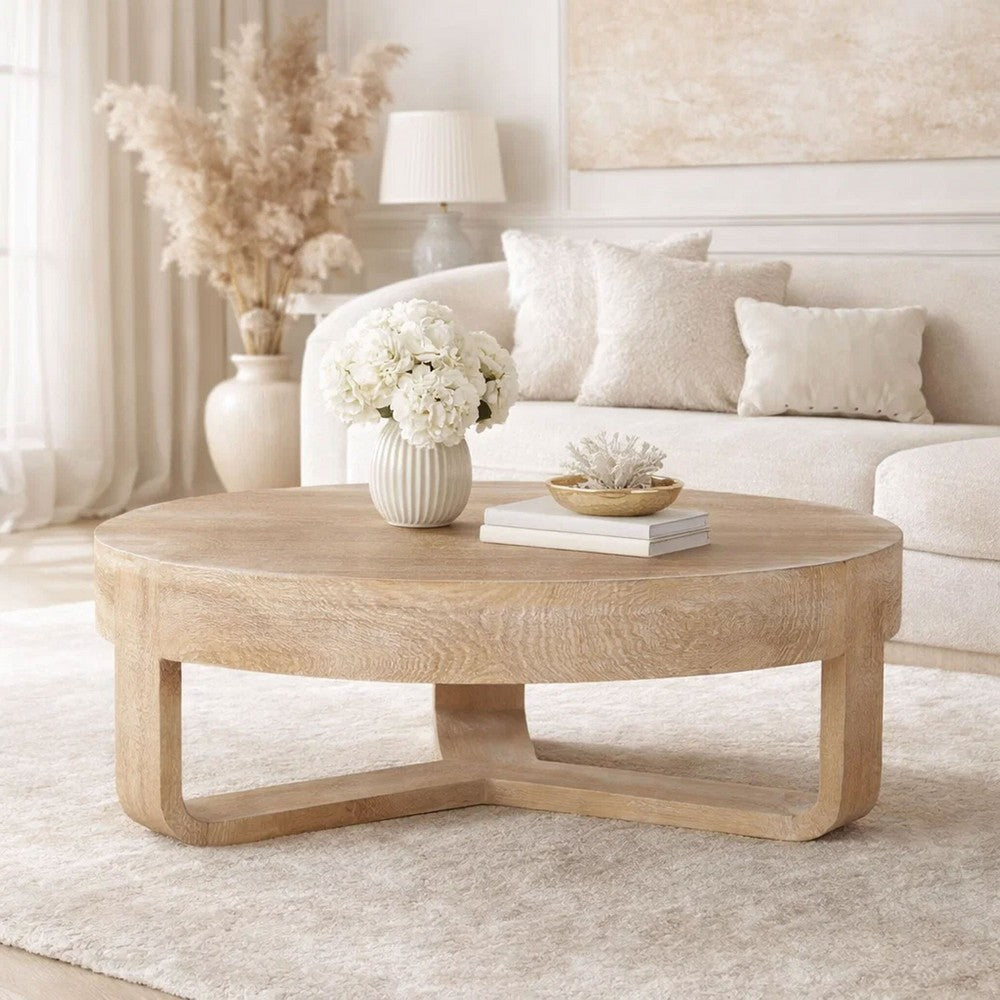Milan Coffee Table, 32 Inch Round Top, Mango Wood with Sandblasted Natural Brown, Open Sled Base By The Urban Port