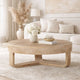 Milan Coffee Table, 32 Inch Round Top, Mango Wood with Sandblasted Natural Brown, Open Sled Base By The Urban Port