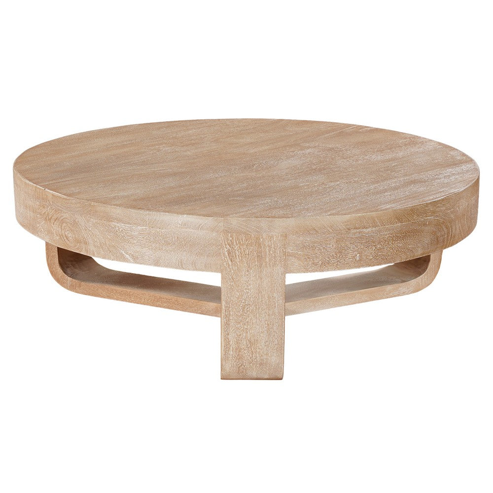 Milan Coffee Table, 32 Inch Round Top, Mango Wood with Sandblasted Natural Brown, Open Sled Base By The Urban Port