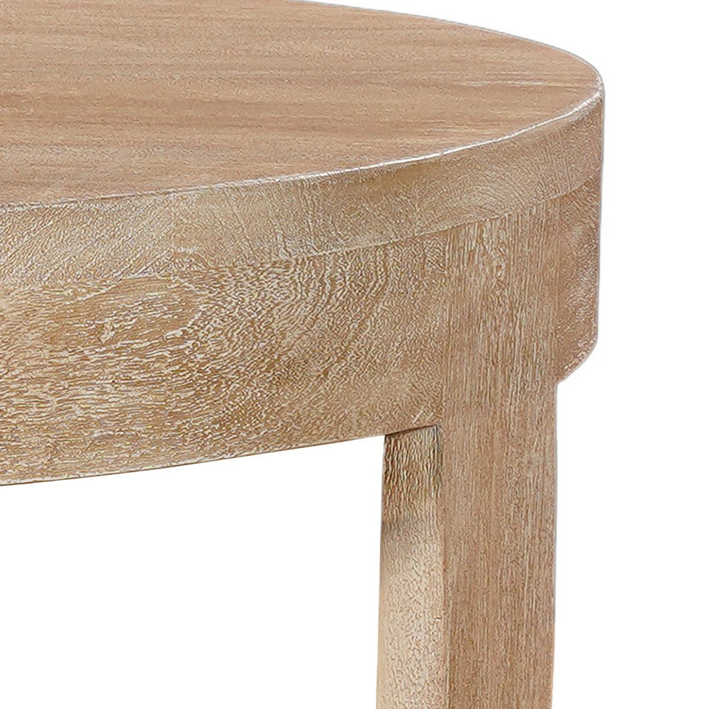 Milan Coffee Table, 32 Inch Round Top, Mango Wood with Sandblasted Natural Brown, Open Sled Base By The Urban Port