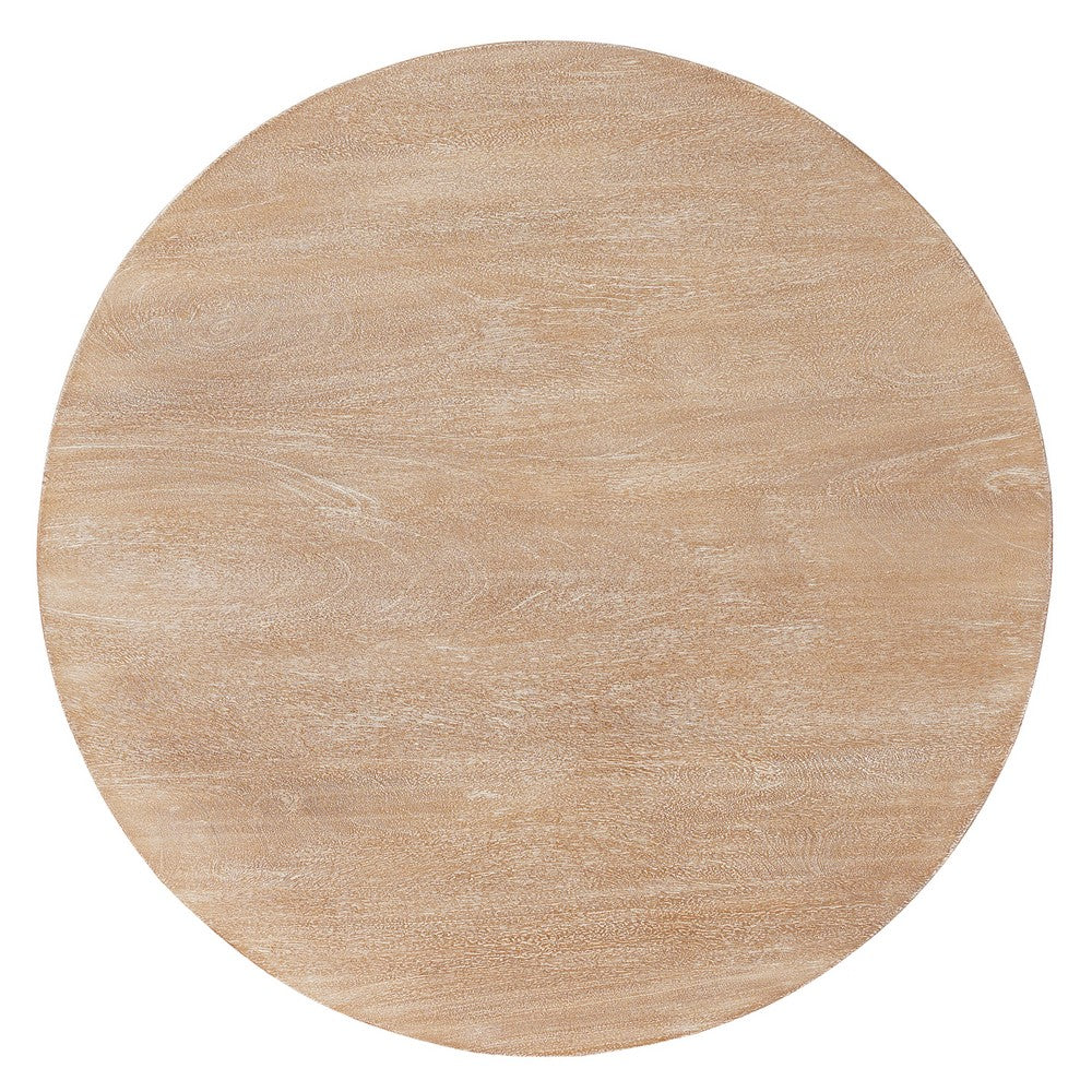 Milan Coffee Table, 32 Inch Round Top, Mango Wood with Sandblasted Natural Brown, Open Sled Base By The Urban Port