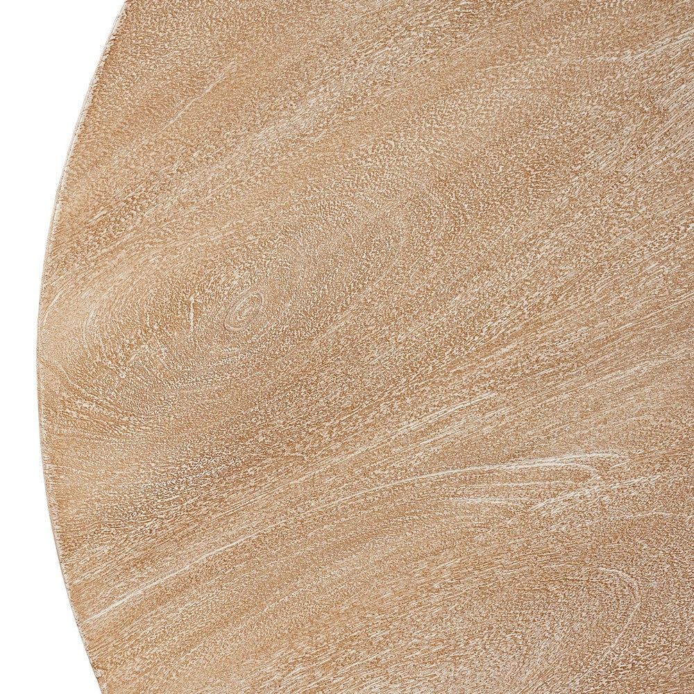 Milan Coffee Table, 32 Inch Round Top, Mango Wood with Sandblasted Natural Brown, Open Sled Base By The Urban Port