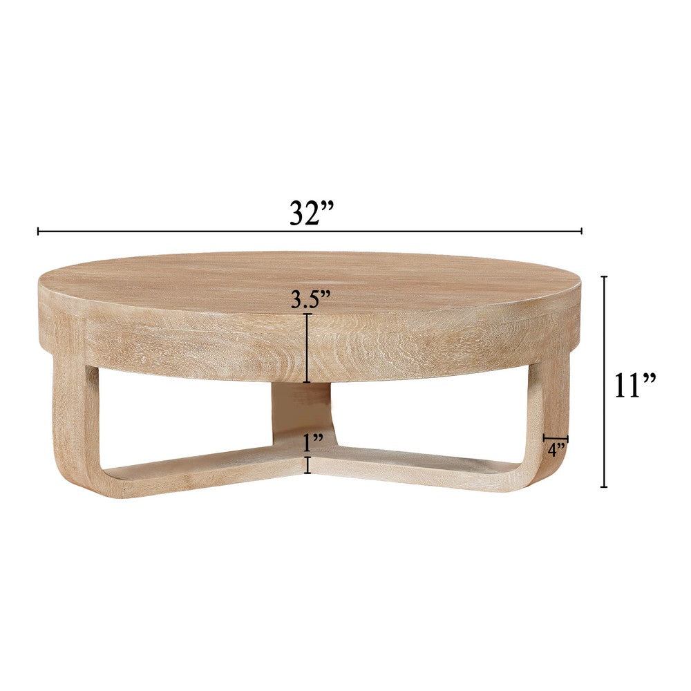 Milan Coffee Table, 32 Inch Round Top, Mango Wood with Sandblasted Natural Brown, Open Sled Base By The Urban Port