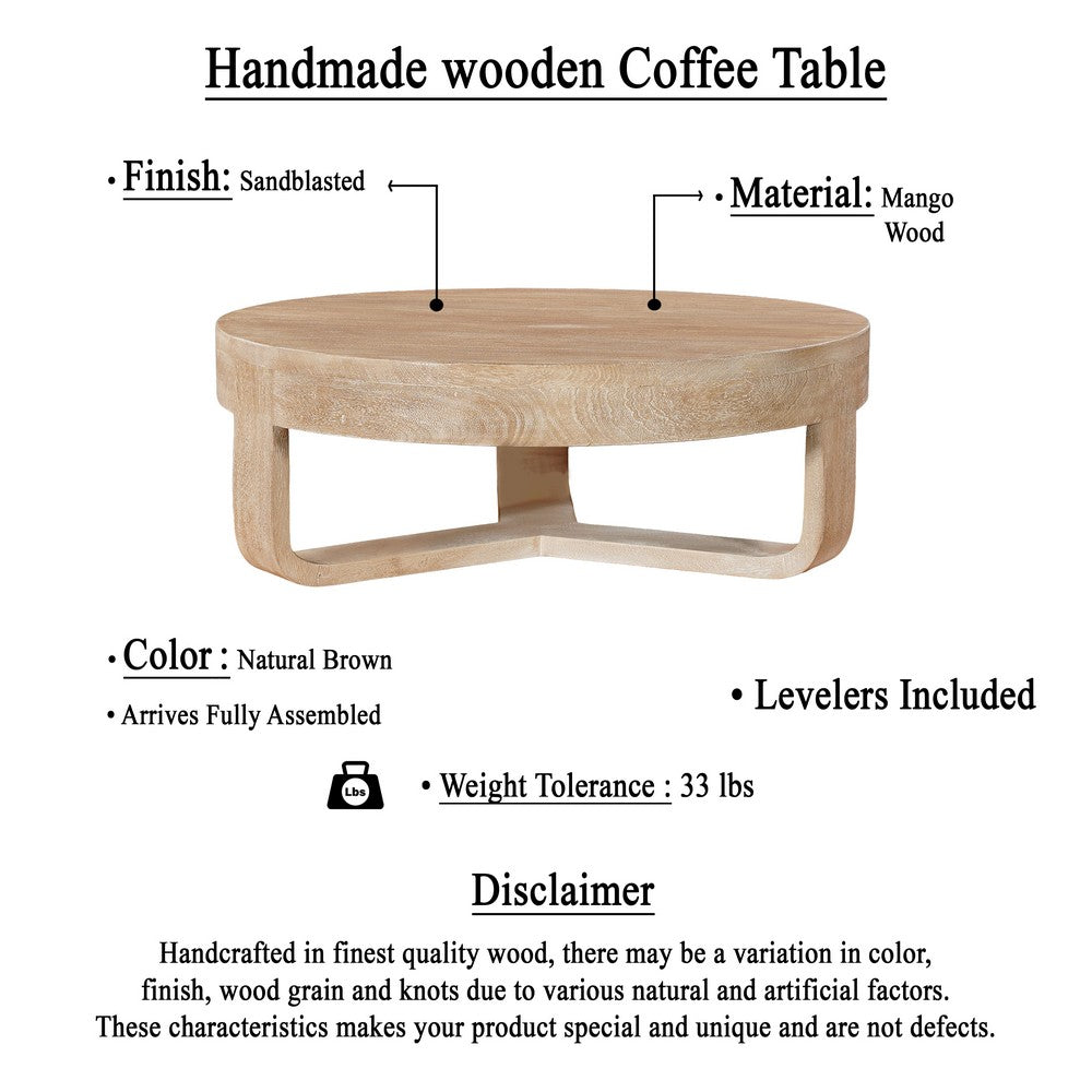Milan Coffee Table, 32 Inch Round Top, Mango Wood with Sandblasted Natural Brown, Open Sled Base By The Urban Port