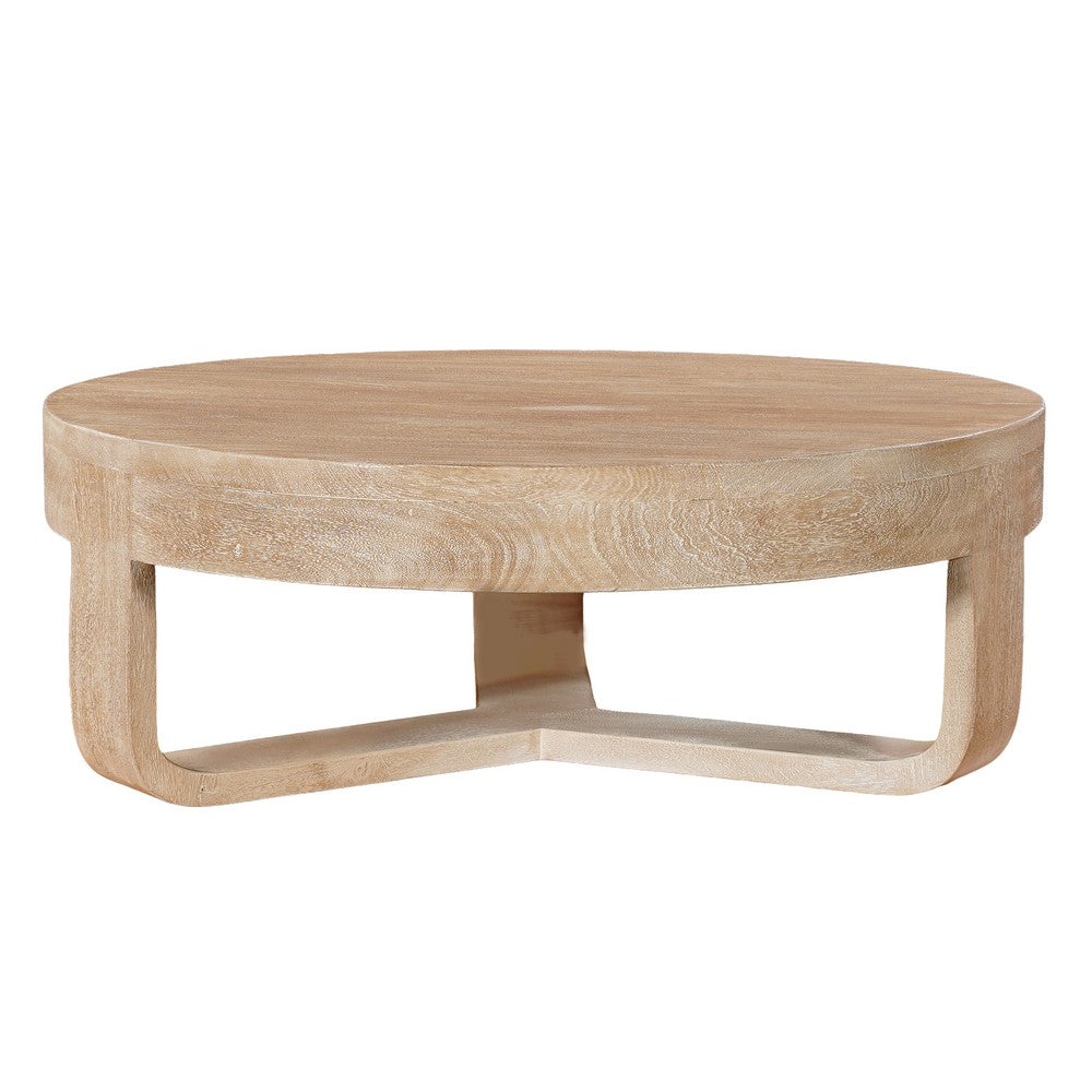 Milan Coffee Table, 32 Inch Round Top, Mango Wood with Sandblasted Natural Brown, Open Sled Base By The Urban Port