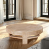 Milan Coffee Table, 32 Inch Round Top, Mango Wood with Sandblasted Natural Brown, Open Sled Base By The Urban Port