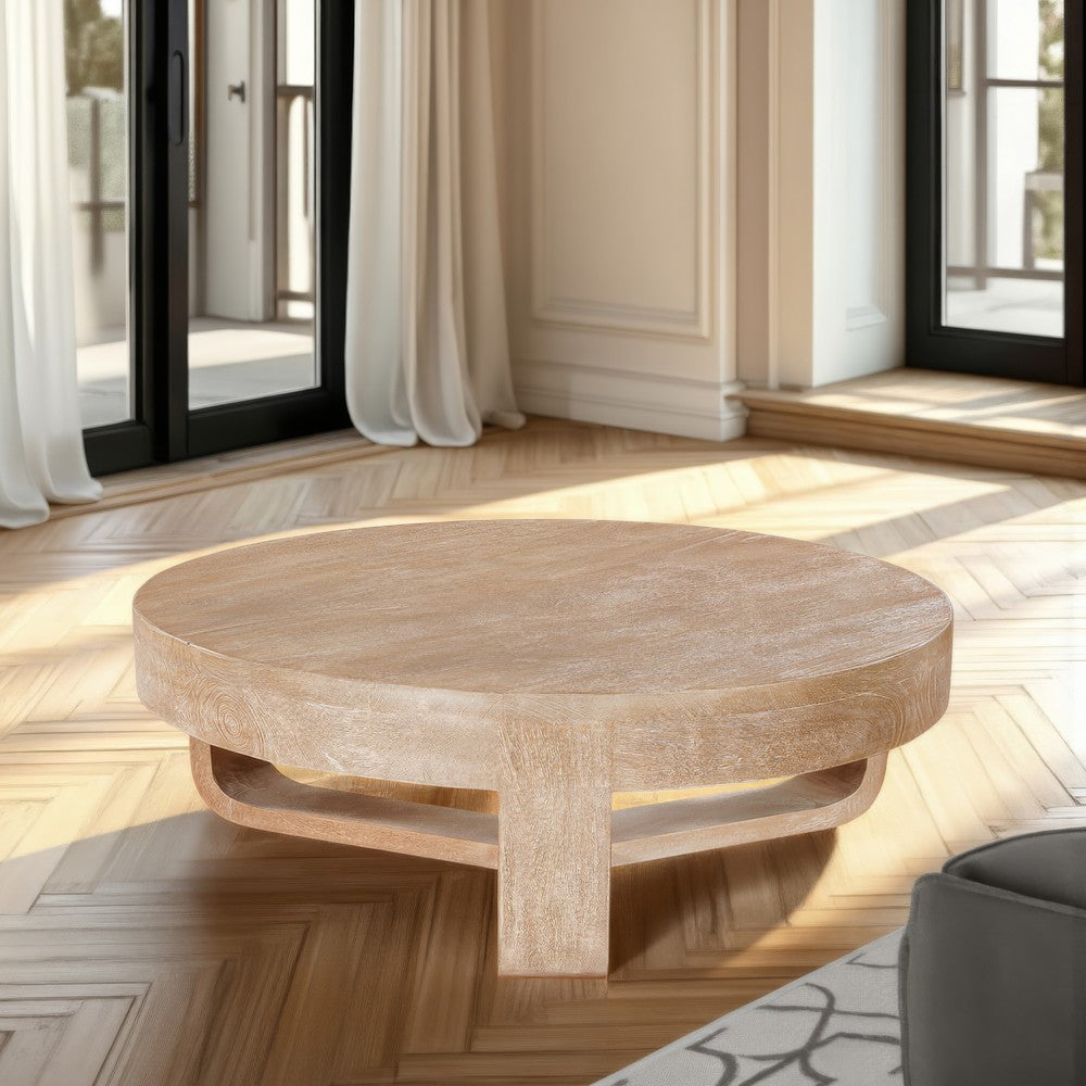 Milan Coffee Table, 32 Inch Round Top, Mango Wood with Sandblasted Natural Brown, Open Sled Base By The Urban Port