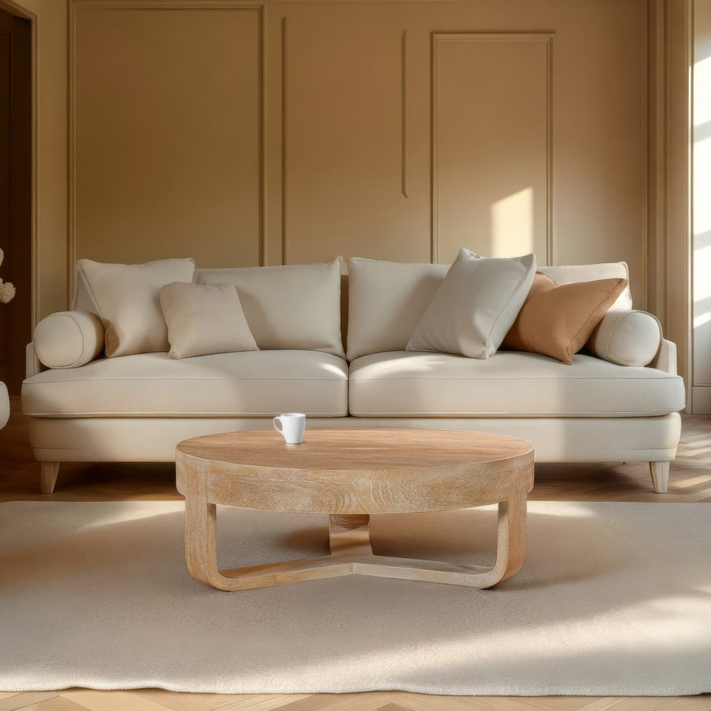 Milan Coffee Table, 32 Inch Round Top, Mango Wood with Sandblasted Natural Brown, Open Sled Base By The Urban Port