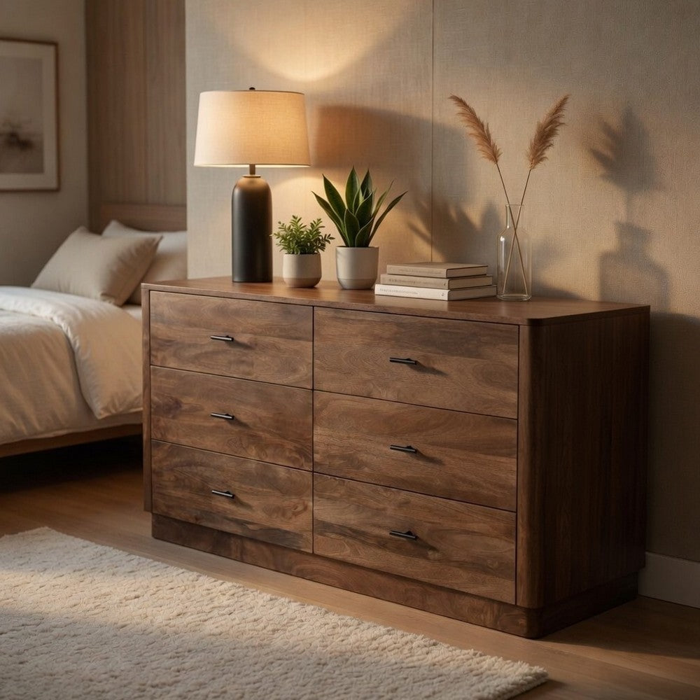 Tao 6 Drawers Dresser, Mango Wood, Walnut Finish, 60" By The Urban Port