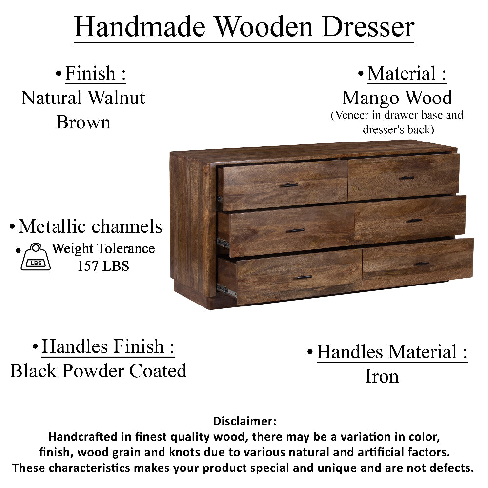 Tao 6 Drawers Dresser, Mango Wood, Walnut Finish, 60" By The Urban Port