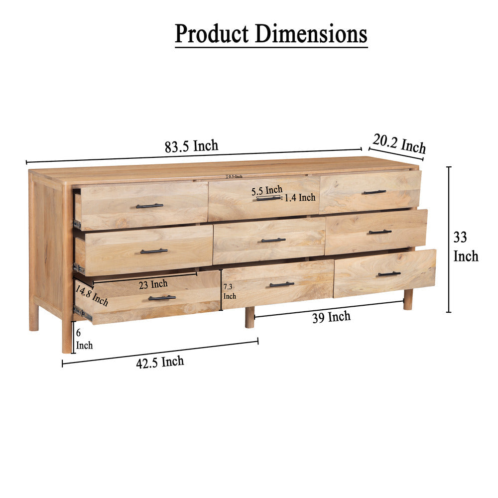 Geti Dresser 9 Drawers 84 Inch Wide Handcrafted Natural Oak White Mango Wood By The Urban Port