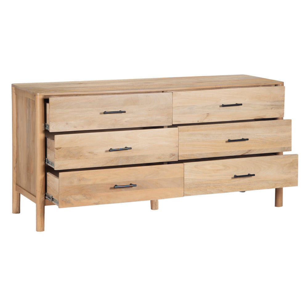 Geti 6 Drawers 66 Inch Wide Dresser Handcrafted Natural Oak White Mango Wood Black Handles By The Urban Port