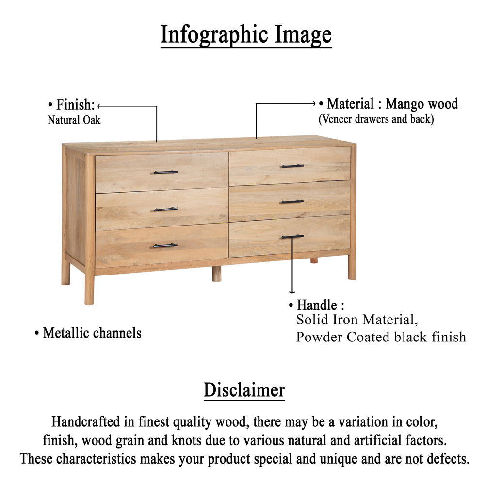 Geti 6 Drawers 66 Inch Wide Dresser Handcrafted Natural Oak White Mango Wood Black Handles By The Urban Port