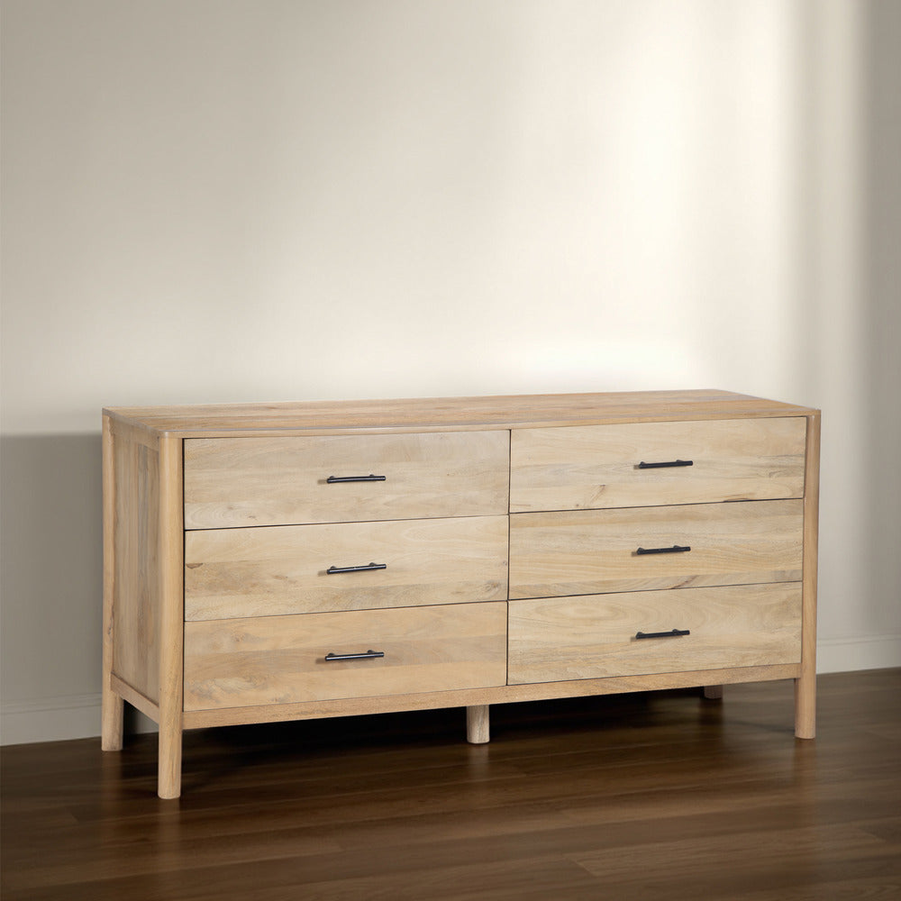 Geti 6 Drawers 66 Inch Wide Dresser Handcrafted Natural Oak White Mango Wood Black Handles By The Urban Port
