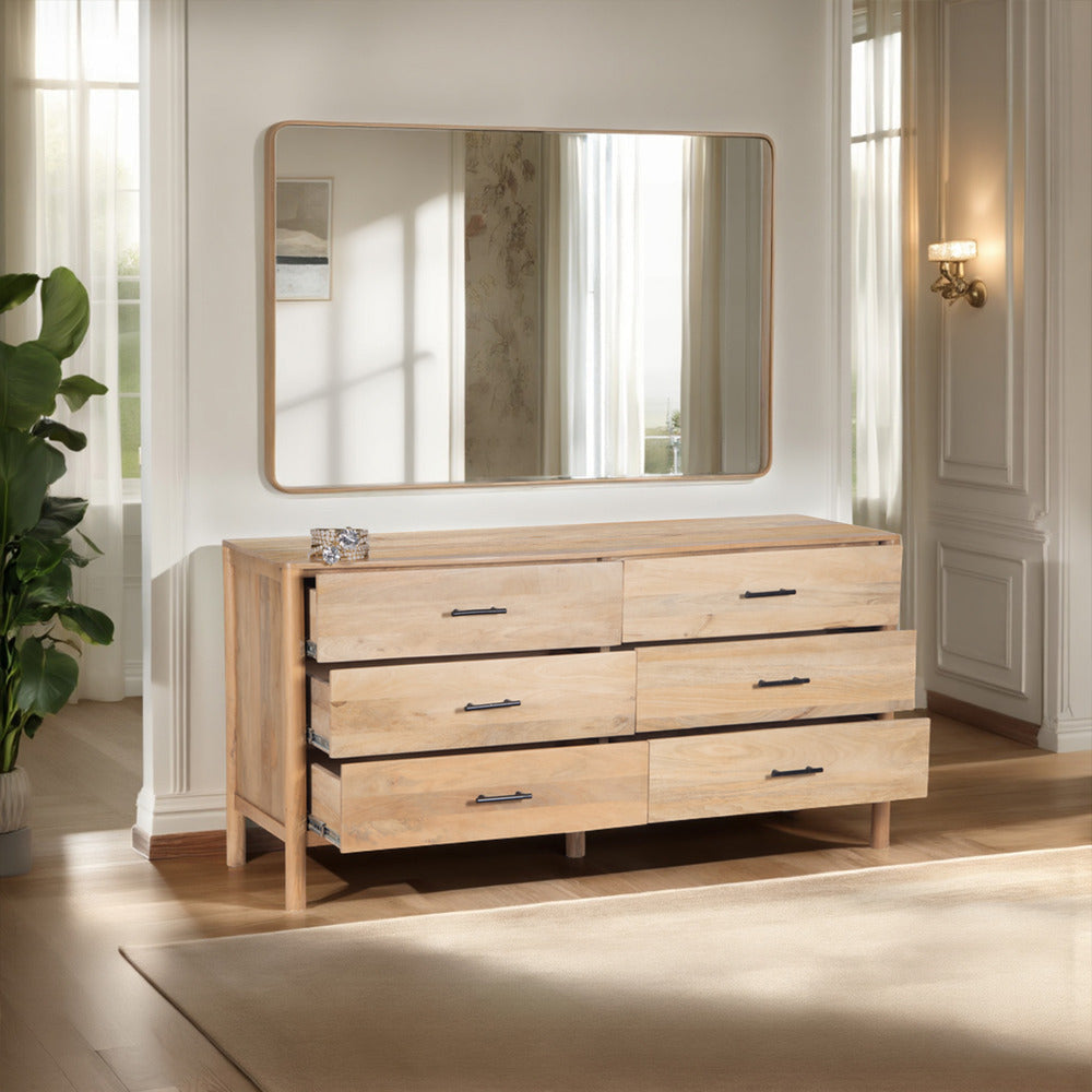 Geti 6 Drawers 66 Inch Wide Dresser Handcrafted Natural Oak White Mango Wood Black Handles By The Urban Port